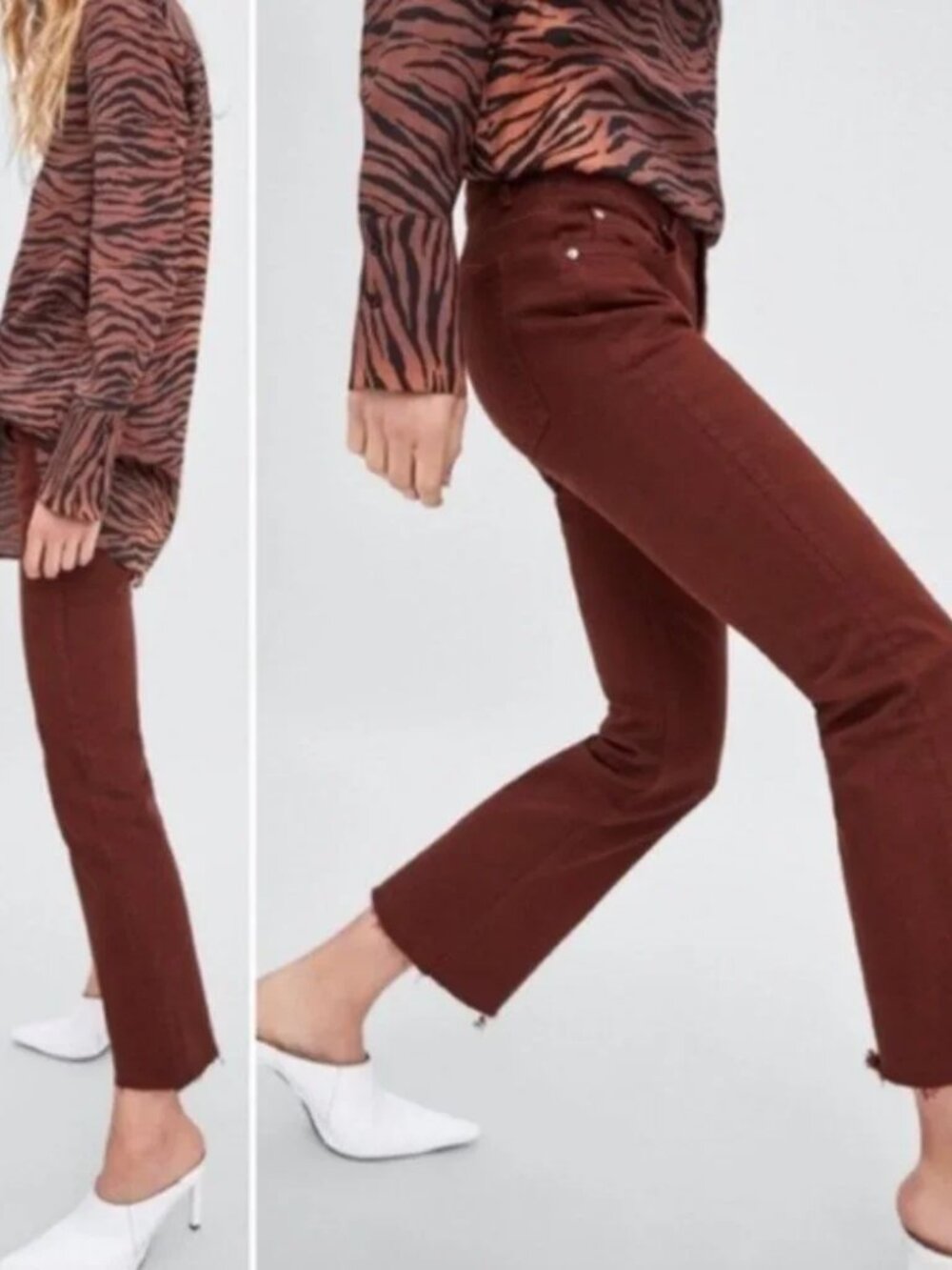 Zara Dark Red-Brown High Rise Cropped Straight Leg Jeans Raw Hem Womens 4